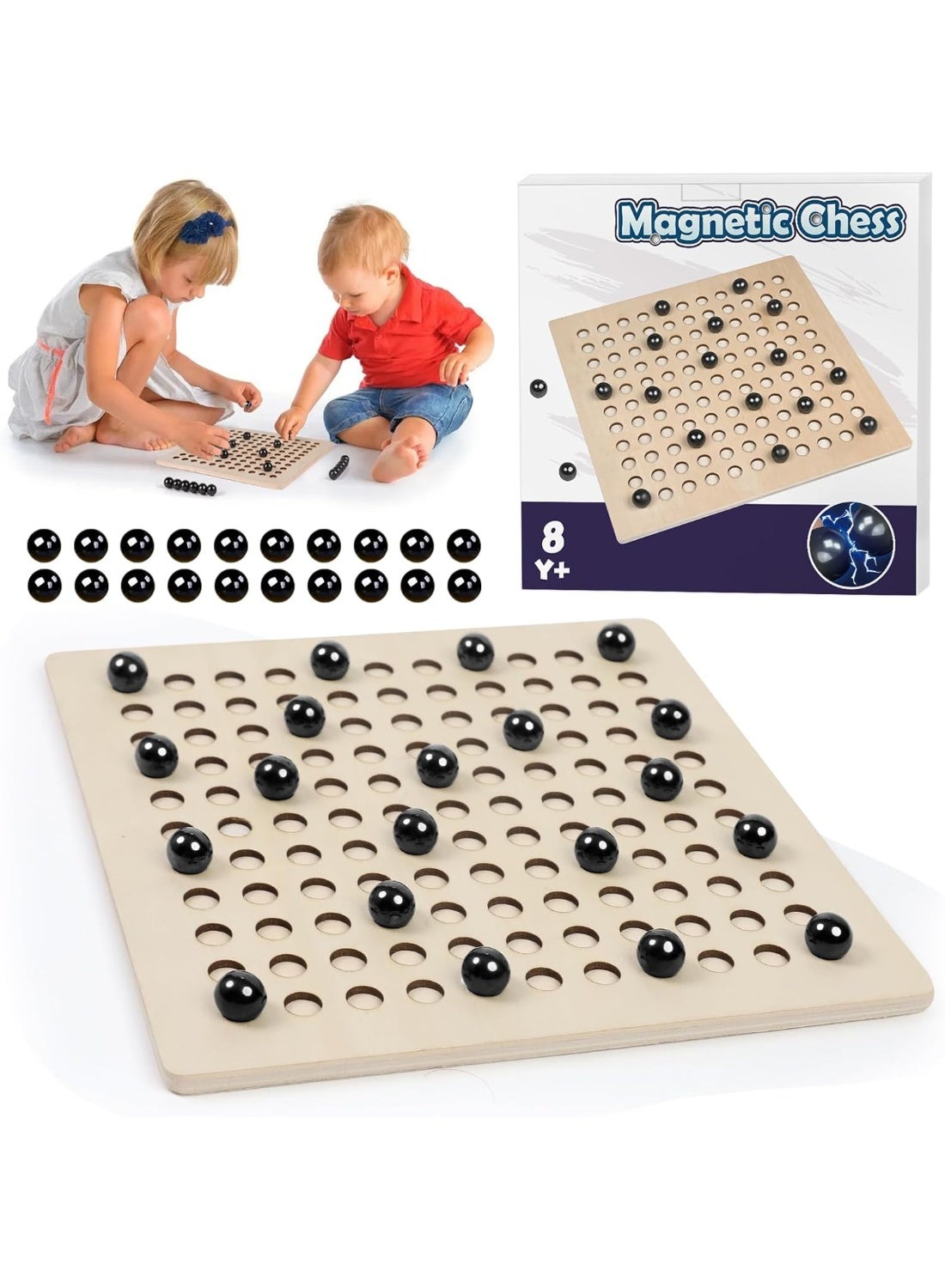 Magnetic Chess Game with Wooden Board, Magnetic Game 20 Magnetic Stones, Travel Magnet Game Chess Game, Board Game for Family Reunion Party Children Mini Chess Game